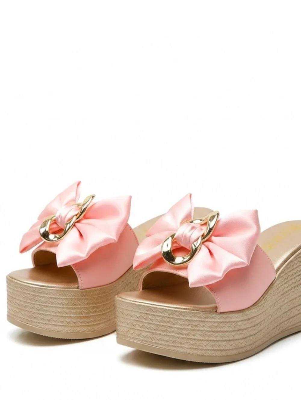 Gold Chain Oversized Bow Platform Open Toe Shoes Slip On Coquette Sandals Pink